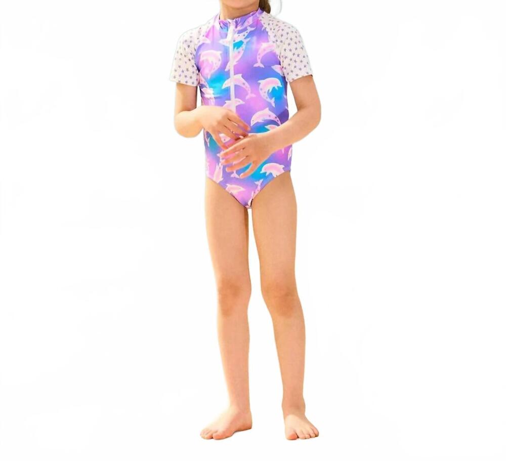NEW HATLEY girl's airbrush dolphins rashguard one piece swimsuit in purple